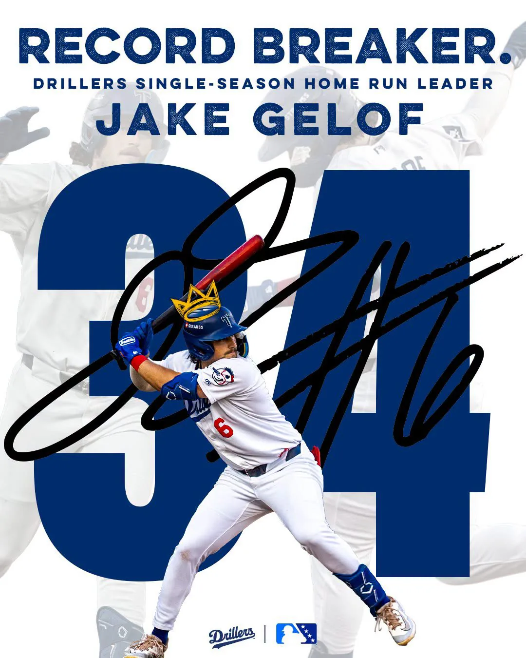 Jake Gelof Record Breaker artwork marking 34 home runs in 2026